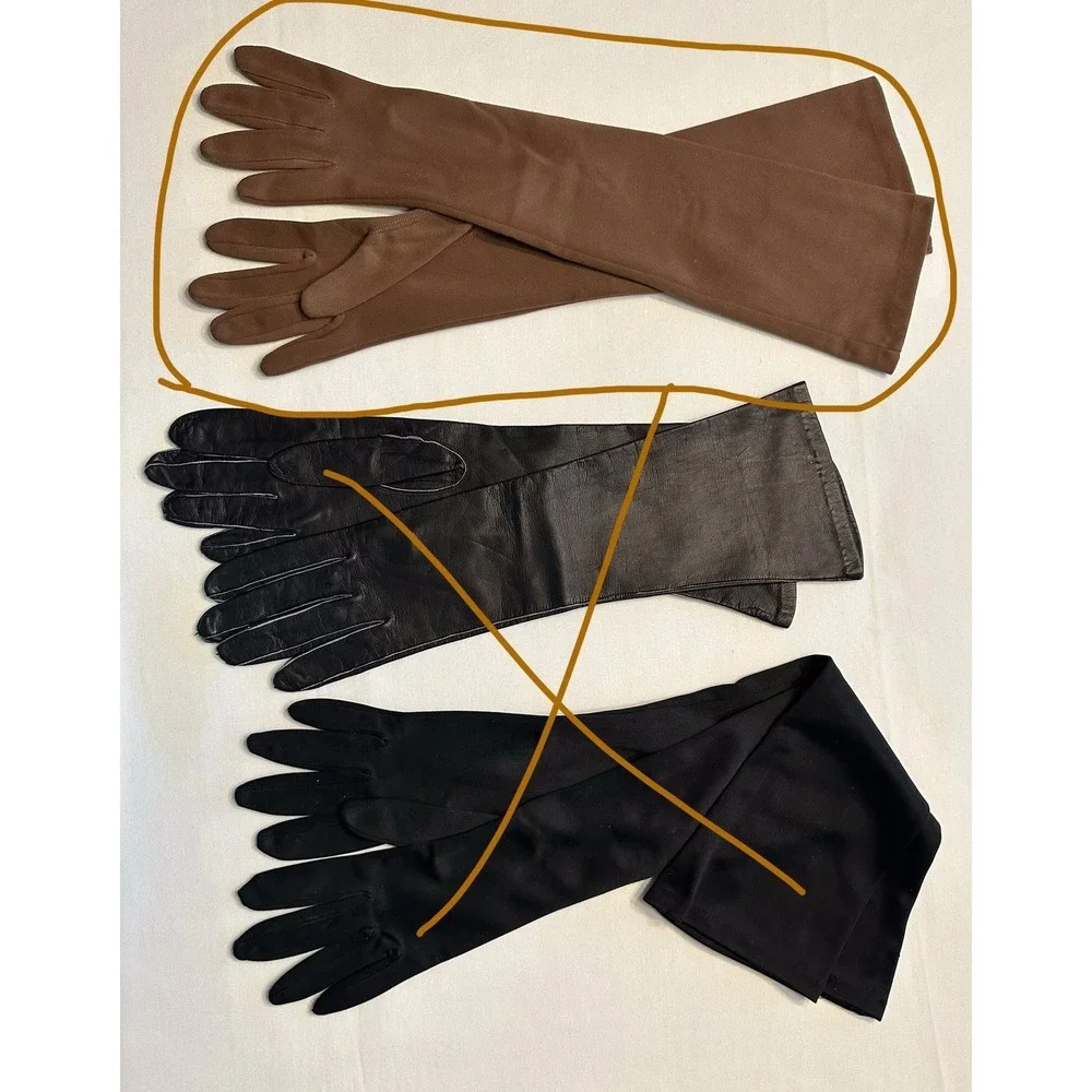 VTG Made in USA Stretch‎ Nylon DARK BROWN GLOVES Elbow Length OPERA THEATER M/L